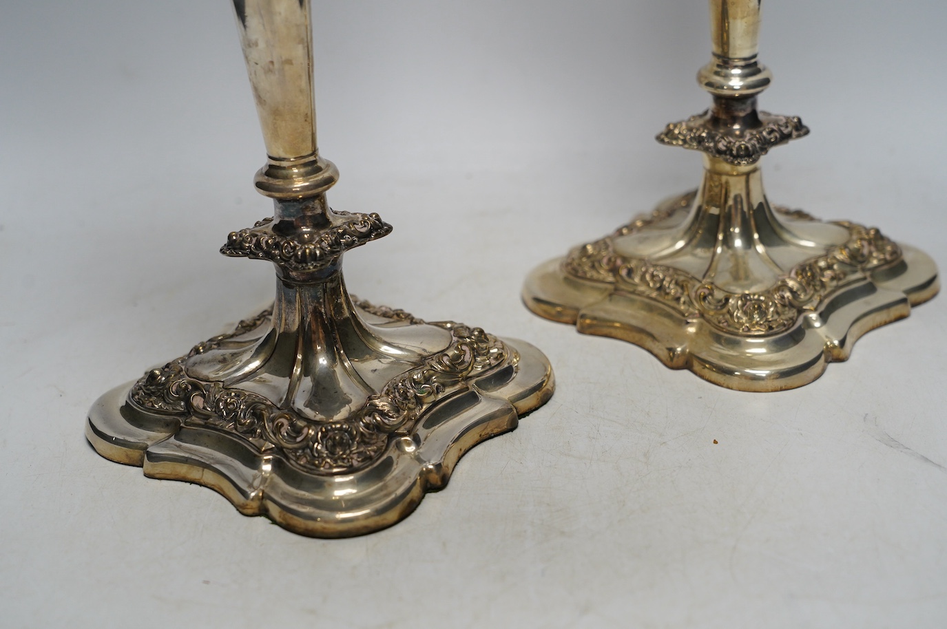 A pair of EPNS candelabra, 52cm high. Condition - fair to good